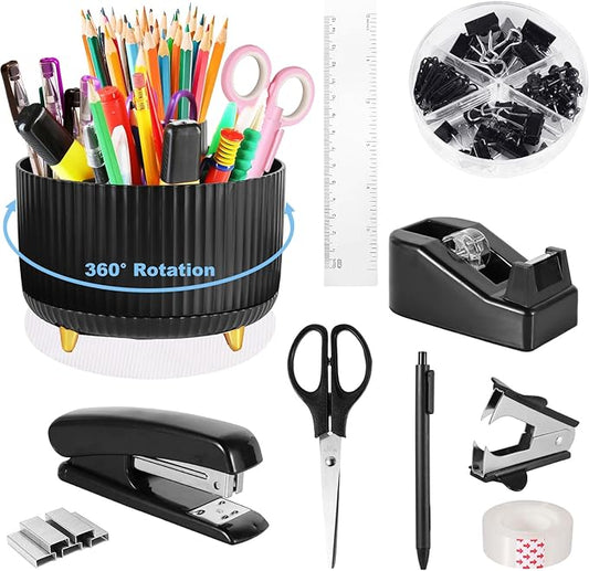Desk Organizers and Accessories Set with 360-Degree Rotating Pen Holder, Tape Dispenser, Stapler, Staple Remover, 1000 Staples, Tape, Clips Set, Ruler, Scissor, Pen (Black, 10 Pcs Set)