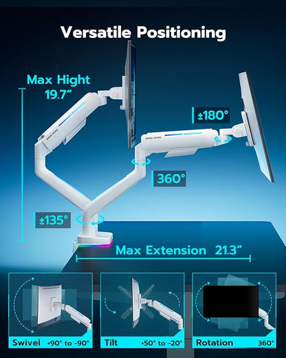 ARES WING Dual Monitor Mount for 17-35 Inch Ultrawide Heavy Duty Curved Screen, Computer Monitor Arm Desk Mount, Gas Spring Adjustable Dual Monitor Stand for Desk, White