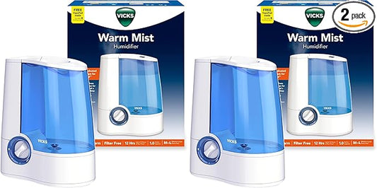 Vicks Warm Mist Humidifier Filter‑Free 1 Gal Tank,Auto Shut‑Off,Night Light,VapoPad and VapoSteam Compatible,(Pack of 2)