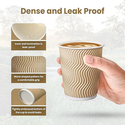 5Seconds 500Pcs 6oz Brown Ripple Paper Coffee Cups - Disposable, Eco-Friendly, Sturdy - Hot Beverage To-Go Cups for Home, Office, Parties, and Events - Premium Insulated, Leak-Proof, and Recyclable