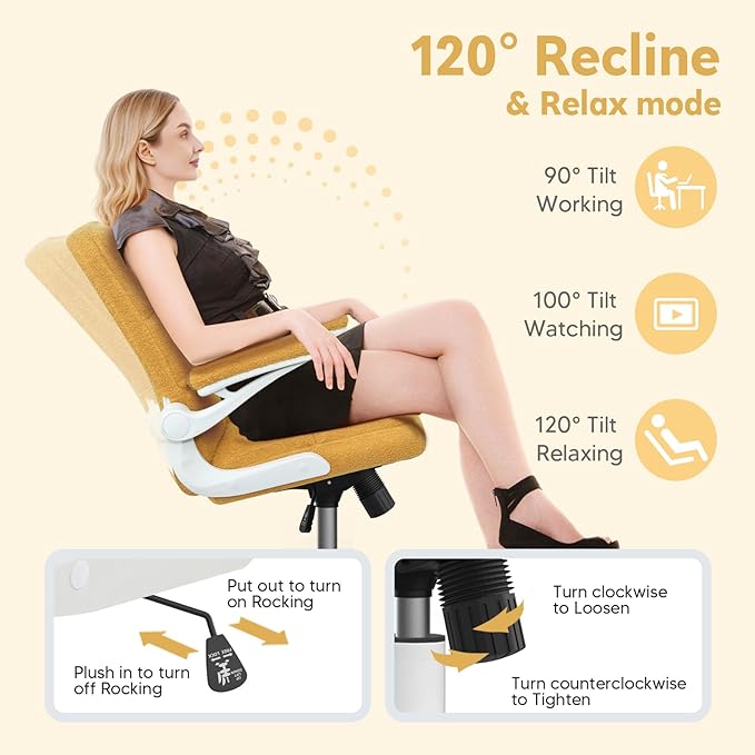 Office Chair with Wheels, Ergonomic Home Office Desk Chair with Flip-up Armrest, Adjustable Rolling Computer Chair Teddy Fleece – Gold