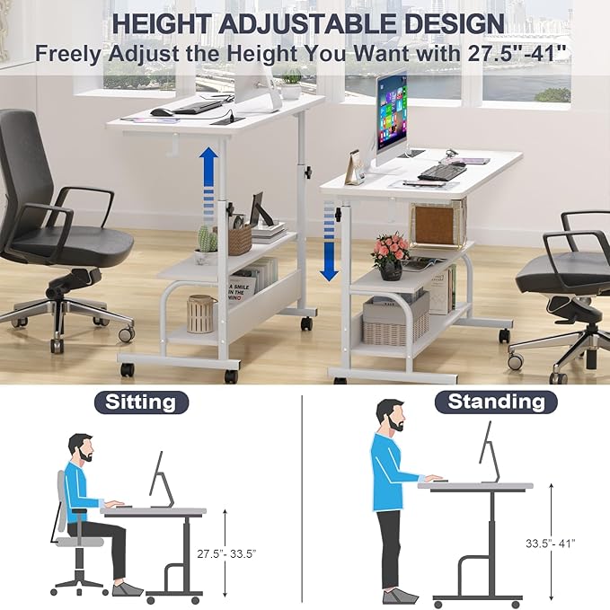 Height Adjustable Standing Desk with Power Outlets, 39" Manual Stand Up Desk with Storage Shelves Small Mobile Rolling Computer Desk Portable Laptop Table with Wheels for Home Office, White