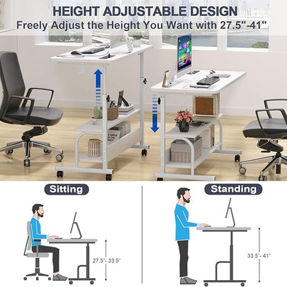 Height Adjustable Standing Desk with Power Outlets, 39" Manual Stand Up Desk with Storage Shelves Small Mobile Rolling Computer Desk Portable Laptop Table with Wheels for Home Office, White