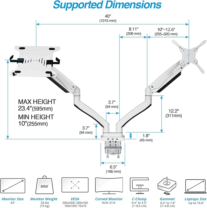 AVLT Dual 17”-43" Monitor Arm Desk Mount with 15" Laptop Tray and USB-C Docking Station, HDMI 4K60Hz, USB-A 5Gbps, Ethernet, 100W PD, Fits Two Flat/Curved Monitor - White