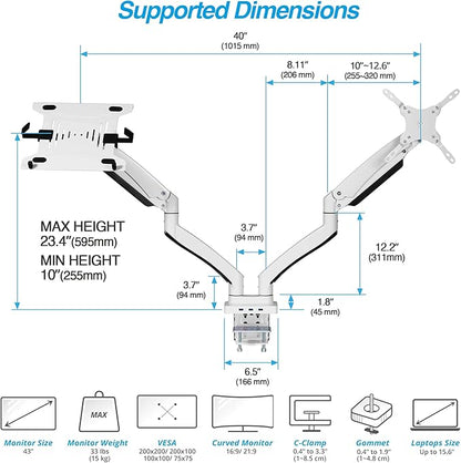 AVLT Dual 17”-43" Monitor Arm Desk Mount with 15" Laptop Tray and USB-C Docking Station, HDMI 4K60Hz, USB-A 5Gbps, Ethernet, 100W PD, Fits Two Flat/Curved Monitor - White