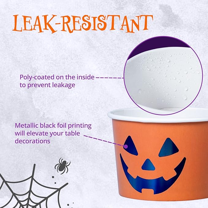 Paper Ice Cream Cups, 50-Count 9-Oz Disposable Dessert Bowls for Hot or Cold Food, 9-Ounce Halloween Party Supplies Treat Cups, Jack-O-Lantern, Orange