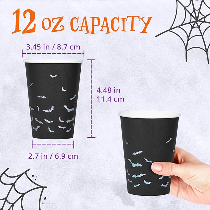 Halloween Disposable Paper Party Cups, Bulk 50 Pack, Leak-Resistant, 12 oz Hot and Cold Cups for Restaurants and Parties, Bats, Black & Silver