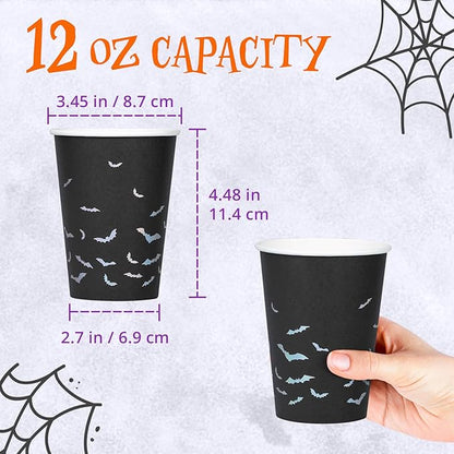 Halloween Disposable Paper Party Cups, Bulk 50 Pack, Leak-Resistant, 12 oz Hot and Cold Cups for Restaurants and Parties, Bats, Black & Silver