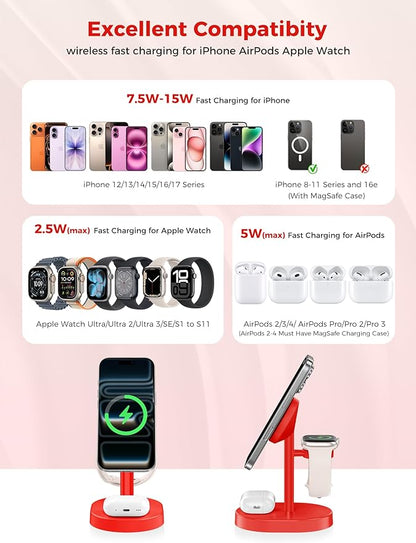 2026 3 in 1 Wireless Charging Station for Apple MagSafe Charger, 15W Fast Magnetic Mag-Safe Charger Stand for iPhone 17 16 15 14 13 12 Apple Watch AirPods Compatible with MagSafe, DeepRed