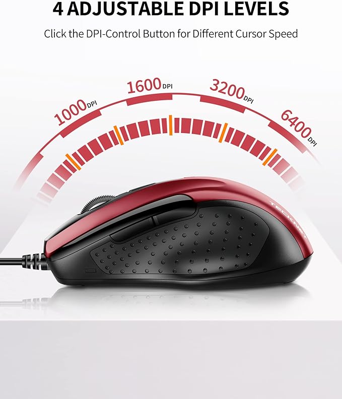 TECKNET USB Wired Mouse, 6-Button Corded Computer Mouse with 4 Adjustable DPI, Optical Computer Mice with Ergonomic Design and 5FT Cord for Laptop, Chromebook, PC, Desktop, Mac, Notebook - Dard Red