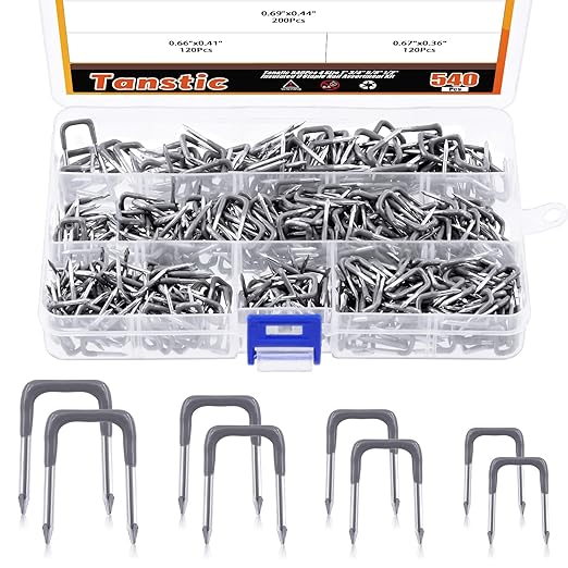 Tanstic 540 Pcs Insulated U Staple Nail Assortment Set with Storage Case, 4 Sizes Metal Cable Staple for Wood Fixing Wires Cables
