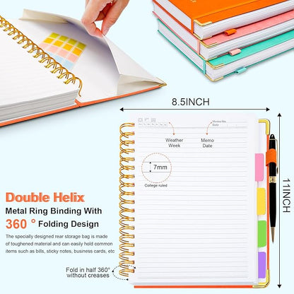 Hardcover Spiral Notebook 8.5"x11" Journal Notebook with Tabs and Removable Dividers 300 Pages 5 Subject Notebook College Ruled, Faux Leather Spiral Bound Notebook for Women School Work (Orange)