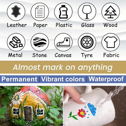 Overseas Acrylic Paint Marker Pens - 12 Colors Permanent Markers, Medium Tip, Water Based, Quick Dry, Waterproof Paint Pen Set for Rock, Wood, Plastic, Metal, Canvas, Glass, Fabric, Mug, Stone