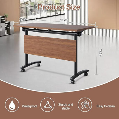 Conference Table, Foldable Conference Room Tables with Silent Wheels, Folding Modular Seminar Meeting Tables, Modern Rectangle Training Table for Office, Boardroom (4, Walnut, 47.2)