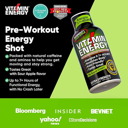 Vitamin Energy Workout+ Extra Strength Energy Shot Sour Apple 48 Pack, 260mg Natural Caffeine, Pre-Workout, B-Vitamins, Minerals, Endurance & Performance, Zero Sugar, Gluten-Free, Vegan, 1.93 fl oz