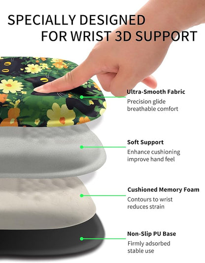 Hokafenle Ergonomic Wrist-Hugging Mouse Pad Wrist Support, U-Shaped Holding Wrist Rest Mousepad for Carpal Tunnel Pain Relief with Cushioned Memory Foam Slope Massage Bulge(10.2x8.3 in,Big Eyed Cat)