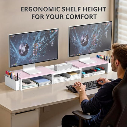 OPNICE Desk Dual Monitor Stand Riser - Desk Organizer with Drawer and Pen Holders, Office Desk Accessories & Workspace Organization, Computer Monitor Stand for Laptop, Printer(Pink＆ White)
