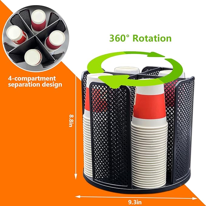 Paper Cup and Lid Holder, CITZCFYU Rotatable Coffee Cup Dispenser fit 5-16oz Disposable Cups Organizer, Plastic Cup Storage Rack for Countertop, Coffee Shop, Station, Bar, Office,Kitchen, Black