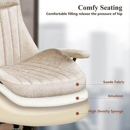 Mid Century Modren Office Chair - Fuax Leather Suede Brown Executive Chairs Ergonomic Mid Back with Lumbar Support, Swivel Computer Desk Task Chair with Wheels for Home Office (Beige, Hign Back)