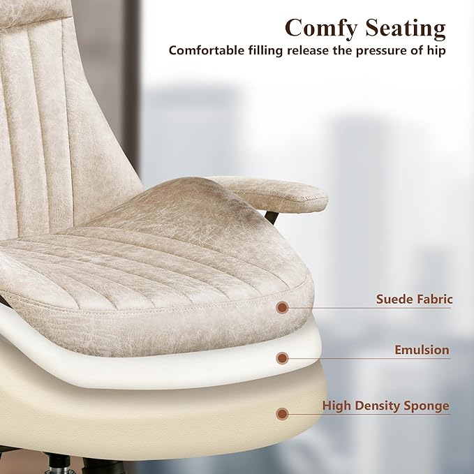 Mid Century Modren Office Chair,Computer Desk Swivel Task Chair with Wheels, High Back Ergonomic Executive Chair with Lumbar Support, Faux Lether Suede Fabric Home Chair (High Back, Beige)
