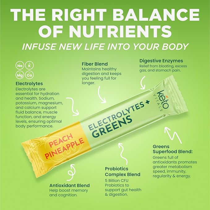 Keto Vitals Keto Electrolytes Plus Greens Superfood Powder Packets - 30 Servings Super Greens Powder Packets with Sugar Free Electrolytes for Hydration, Gut Health & Digestion - Green Drink Mix