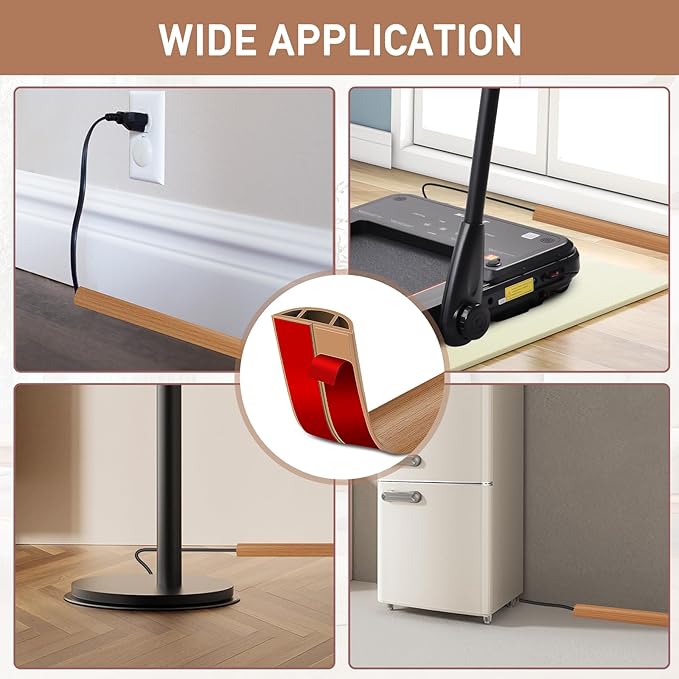 Floor Cord Cover Self Adhesive Cord Hider Floor Extension Cord Covers for Floor Power Cord Protector Cable Management Prevent Cable Trips Cable Cavity 0.59" W x 0.31" H (Light Brown Wood, 10Ft)