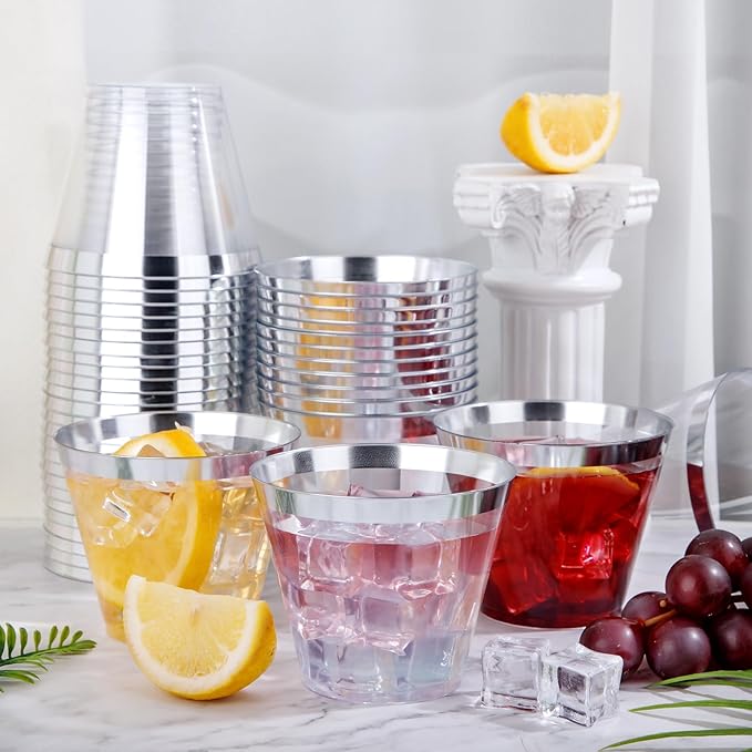 Nervure 240 PCS Silver Plastic Cups - 9Oz Silver Rimmed Plastic Cups - Heavy Duty Plastic Cup with Silver Rim Perfect for Weddings, Receptions & Parties