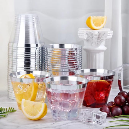 Nervure 240 PCS Silver Plastic Cups - 9Oz Silver Rimmed Plastic Cups - Heavy Duty Plastic Cup with Silver Rim Perfect for Weddings, Receptions & Parties