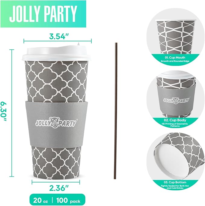 JOLLY PARTY [100 Sets] 20 oz Paper Coffee Cups, Disposable Coffee Cups with Lids,Sleeves and Straws, Hot Cold Beverage Drinking Cup for Water, Coffee or Tea, To-Go Cup Suitable for Office and Travel