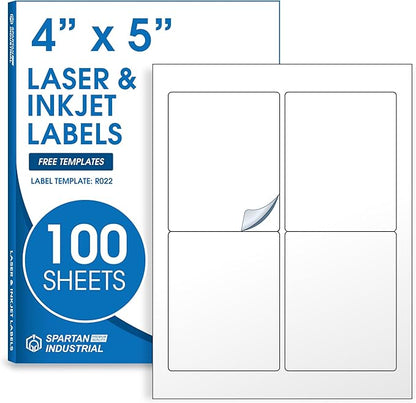 4" X 5" Printable Shipping Labels Compatible with Inkjet and Laser Printers - 100 Sheets, 400 Total Matte White Paper Stickers for Mailing and Addresses - Spartan Industrial Template R022