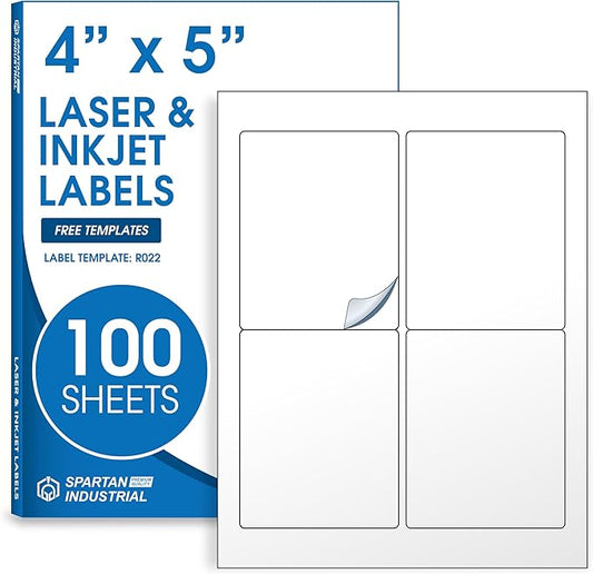 4" X 5" Printable Shipping Labels Compatible with Inkjet and Laser Printers - 100 Sheets, 400 Total Matte White Paper Stickers for Mailing and Addresses - Spartan Industrial Template R022