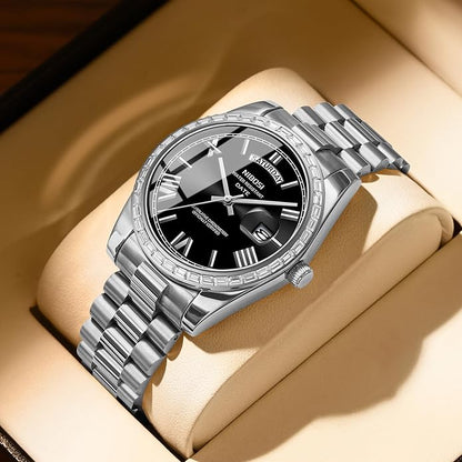 NIBOSI Men's Watches Analog Quartz Diamond Bezel Stainless Steel Dial Rose Gold Silver Watches for Men Waterproof Business Classic Dress Wrist Watch with Day Date
