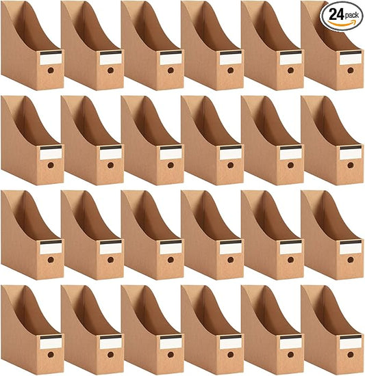 24 Pcs Cardboard Magazine File Holders, Magazine Book Bin Box With Label Stickers, Brown Bulk Kraft Magazines Organizer for Home Office, File Storage Boxes for Desk Shelves