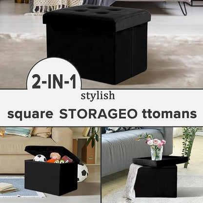 LINMAGCO Storage Ottoman Folding Foot Stool Velvet Foot Rest with Padded Modern Ottoman with Storage for Living Room Puppy Step Stool 17x13x13in(Black)