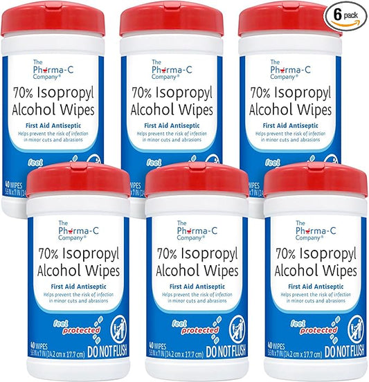 The Pharma-C Company -70% Isopropyl Alcohol Wipes [6 pack - 40ct Canisters] - Bulk IPA First Aid Antiseptic Wound Cleaner with Moisture Lock Lid. For minor cuts, scrapes, and burns.