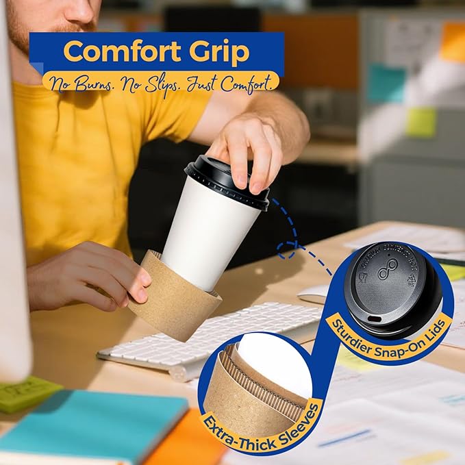 Fit Meal Prep 100 Pack 12 oz Disposable Coffee Cups with Lids, Sleeves, Leak-Proof To Go Coffee Cups with Lids, Durable Paper Cups for Hot Beverage, Home, Office, Party