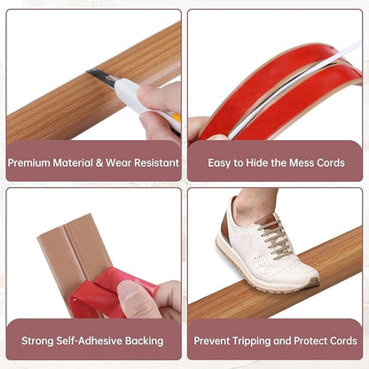 Floor Cord Cover Self Adhesive Cord Hider Floor Extension Cord Covers for Floor Power Cord Protector Cable Management Prevent Cable Trips Cable Cavity 0.51" W x 0.31" H (Light Brown Wood, 10Ft)