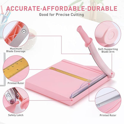 Paper Cutter, Paper Trimmer with Safety Guard, 12" Cut Length Paper Slicer with 16 Sheet Capacity Paper Cutting Board,Guillotine Paper Cutters and Trimmers for Cardstock Cardboard Vinyl (Pink)