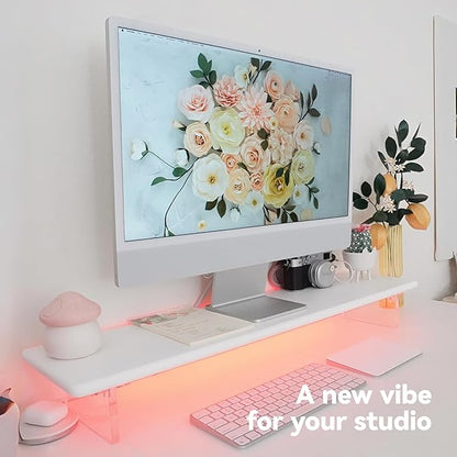 Bamboo Monitor Stand Riser with RGB Lights,31.5 Inches Desktop Shelf with Acrylic Legs Supports for Desk, PC Computer Monitor, Laptops, Printer, Speakers (White)