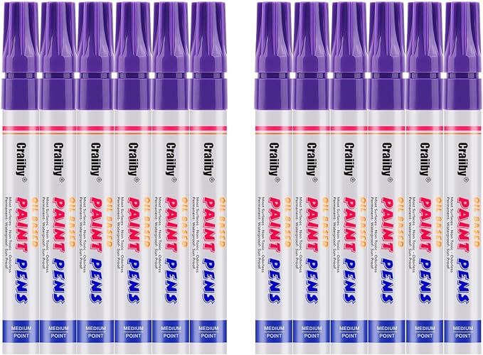 Purple Paint Markers, 12 Pack Oil-Based Waterproof Quick Dry Permanent Paint Pen Set for Rocks Painting, Wood, Fabric, Plastic, Canvas, Glass, Mugs, Metal, Tire, Stone, DIY Craft