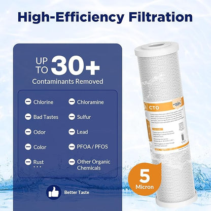 Membrane Solutions 5 Micron 2.5" x 10" CTO Carbon Block Water Filter Cartridge Replacement for Whole House Filtration Systems, Compatible with WFPFC8002, WFPFC9001, FXWTC, WHKF-WHWC, 6-Pack