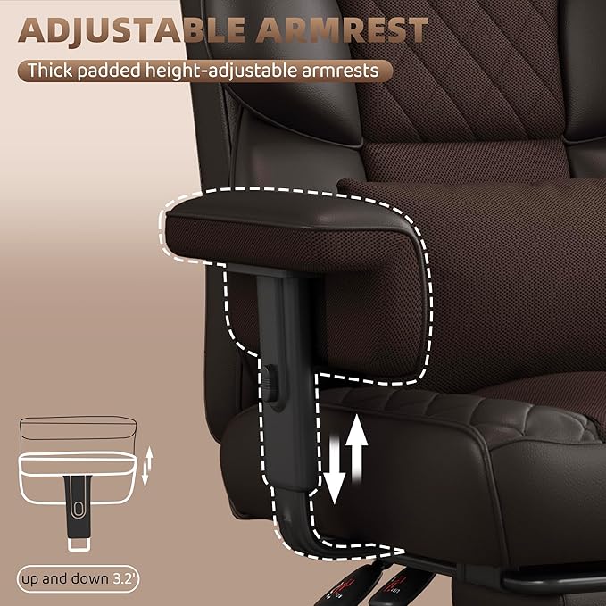 Vonesse Big and Tall Office Chair, Computer Chair with Soft Adjustable Armrests, Ergonomic High Back Gaming Chair with Lumbar Support, Executive Chairs with Footrest (PU Leather + Mesh Fabric,Brown)