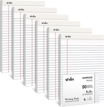 ViVin 5 x 8 Inch Legal Pads, 6 Pack, Narrow Ruled, 50 Sheets Per Writing Pad, Perforated Note Pads Ideal for Home, Office, Business, 300 Sheets, White Paper