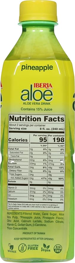 Iberia Aloe Vera Juice Drink with Pure Aloe Pulp, Pineapple, 16.9 Fl Oz (Pack of 8)