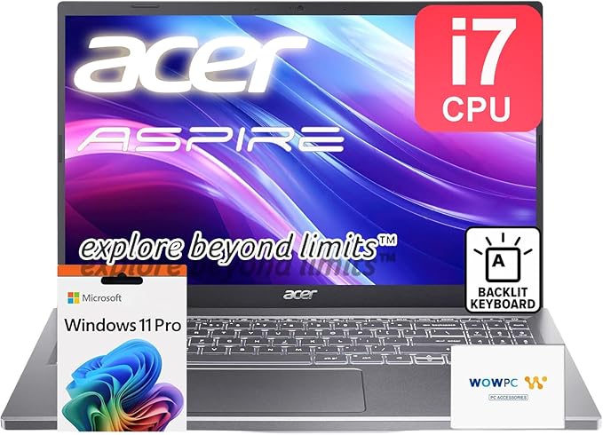 acer Aspire Premium 15.6" Laptop | Intel Core i7-1255U up to 4.7GHz | 40GB RAM - 512GB PCIe SSD | Backlit Keyboard | FHD | Wi-Fi 6 | Iris Xe Graphics | Webcam | Win11 Pro | WOWPC Recovery USB