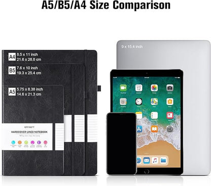 College Ruled Notebook, Large B5 Lined Journal Notebook, 314 Numbered Pages Work Notebook with Index Stickers, 100gsm Thick Paper, Hardcover Vegan Leather Journal for Women Men School Office, Black