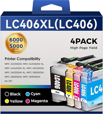 MFC-J4335DW LC406 LC406XL Ink Cartridges for Brother Printer LC 406 XL 406XL for MFC-J4335DW MFC-J5855DW MFC-J6555DW MFC-J4535DW MFC-J6955DW MFC-J4345DW MFC-J5955DW - High Yields 4 Pack