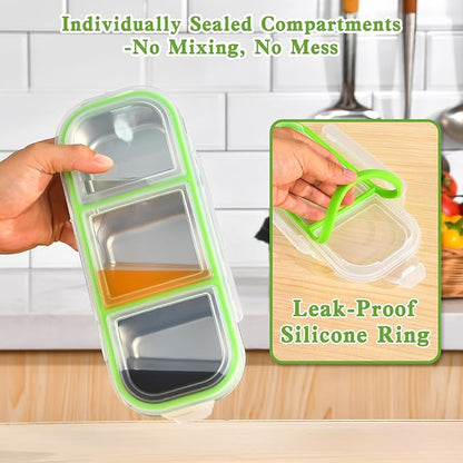 UPTRUST Reusable Snack Containers with Lids, 2pcs Stainless Steel 3-Compartment Snack Box, Divided and Leak-Proof Design for Take-Out Condiments and On-the-Go Snacks