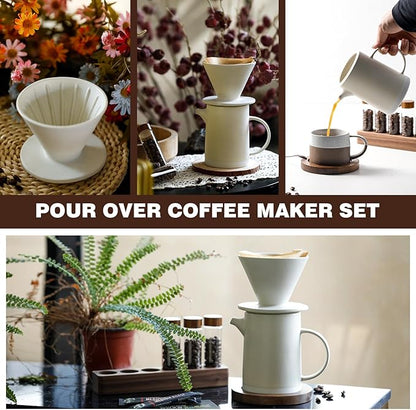 Pour Over Coffee Maker Set Vintage Ceramic Pour Over Coffee Dripper Set with 20 Count Paper Coffee Filters,for Home Café Restaurant Camping,15.8 Ounces(White)