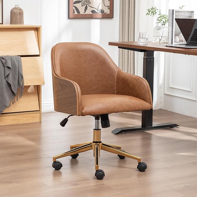 Genuine Leather Office Desk Chair, Adjustable Height Small Modern Comfortable Walnut Vanity Chair, Gold Legs Mid Back 360 Swivel for Home Office, Bedroom, Study, Meeting Room(Vintage Brown)